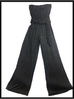 Arden B Black Strapless Wide-Leg Jumpsuit with Waist Tie